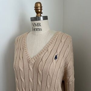 Vintage Ralph Lauren Tan V-Neck Cable Knit Sweater